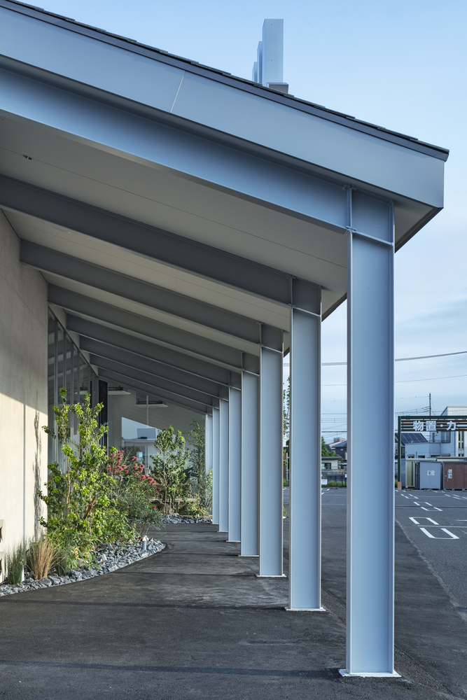 Covered walkway with white steel columns and planted beds at dusk