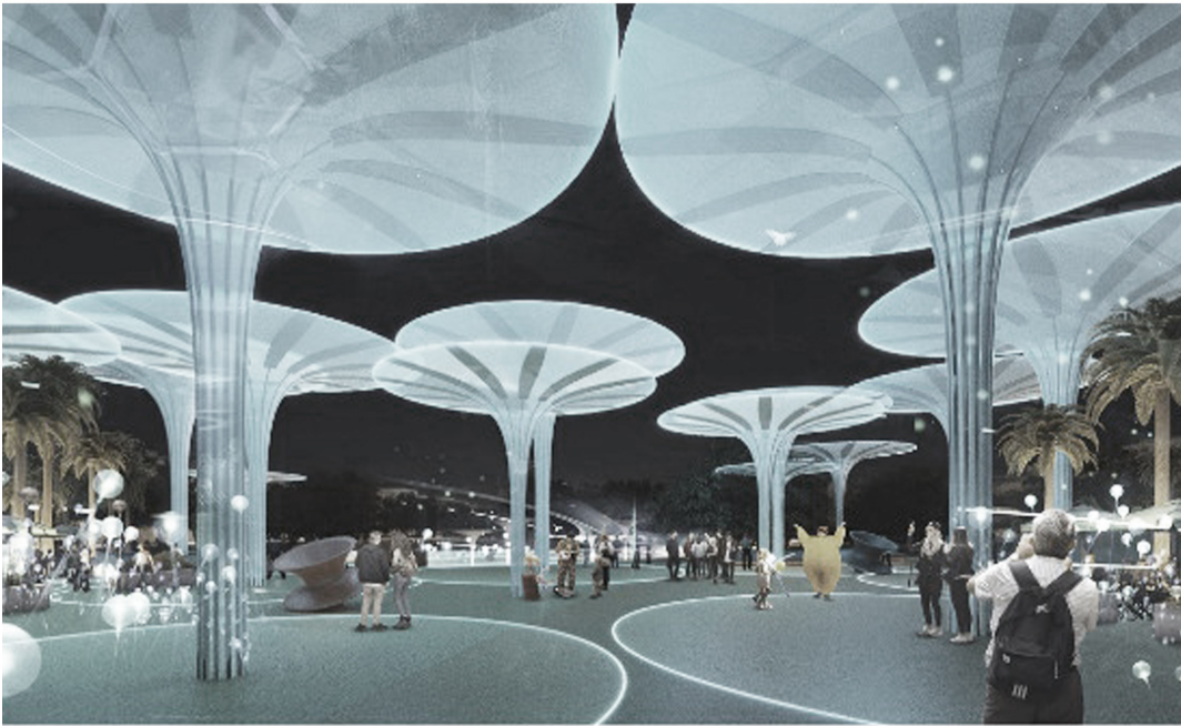Futuristic Canopy Design – Illuminated structures enhancing the nighttime urban experience.