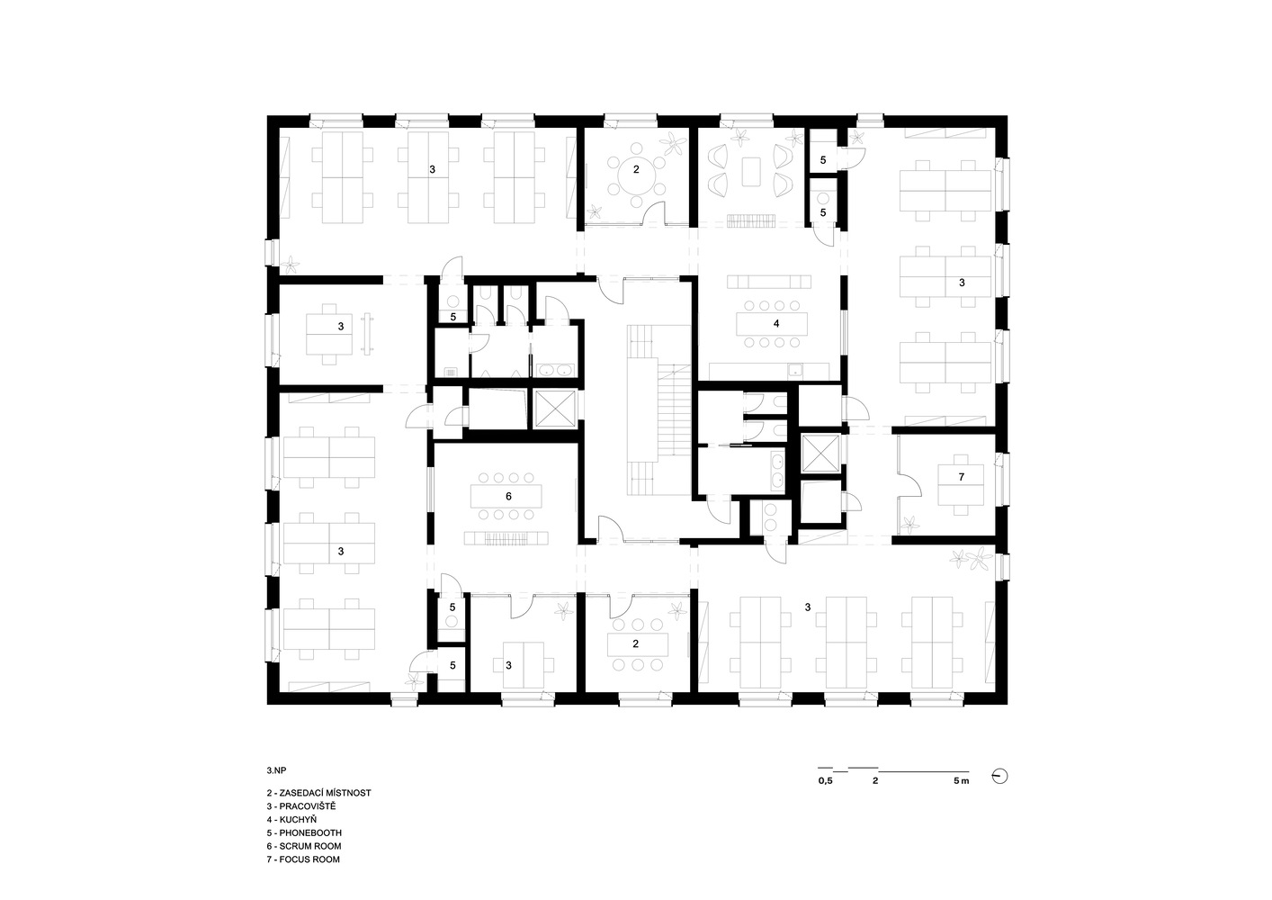 Floor plan drawing showing a central staircase surrounded by multiple office spaces and conference rooms