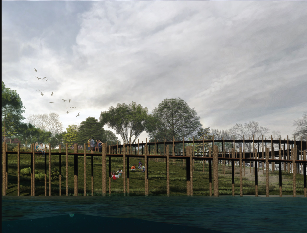 Elevated Walkway & Green Space – A harmonious blend of nature and public pathways, enhancing visitor experience.