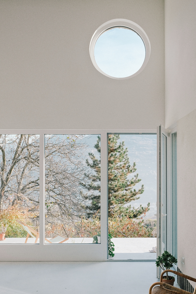 Tall windows and circular skylight framing evergreen trees outside in daylight
