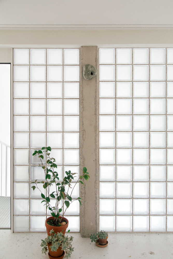 Exposed concrete column centered in grid of glass block wall with potted plants at base