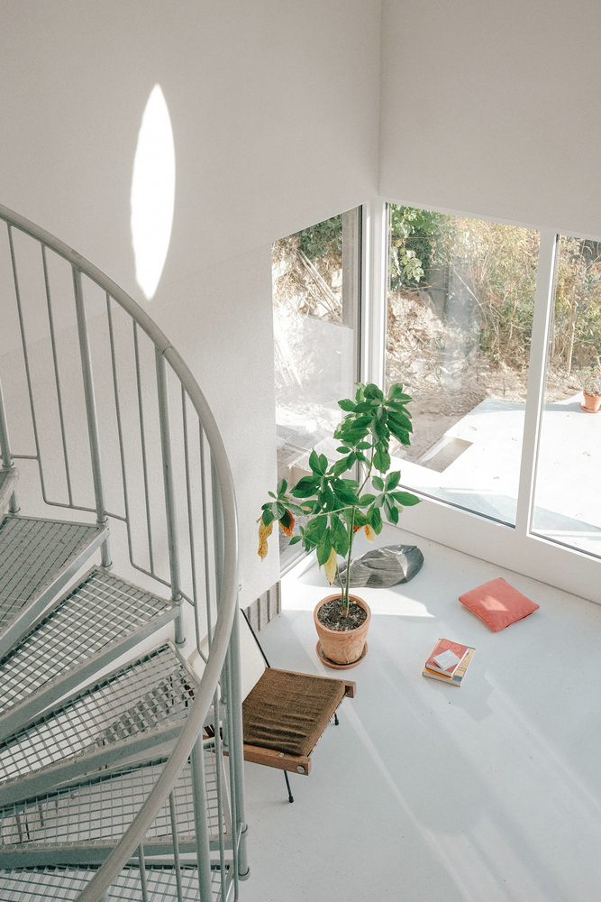 Aerial view of double-height interior with metal spiral stair, potted plant and sunlight streaming through floor-to-ceiling windows