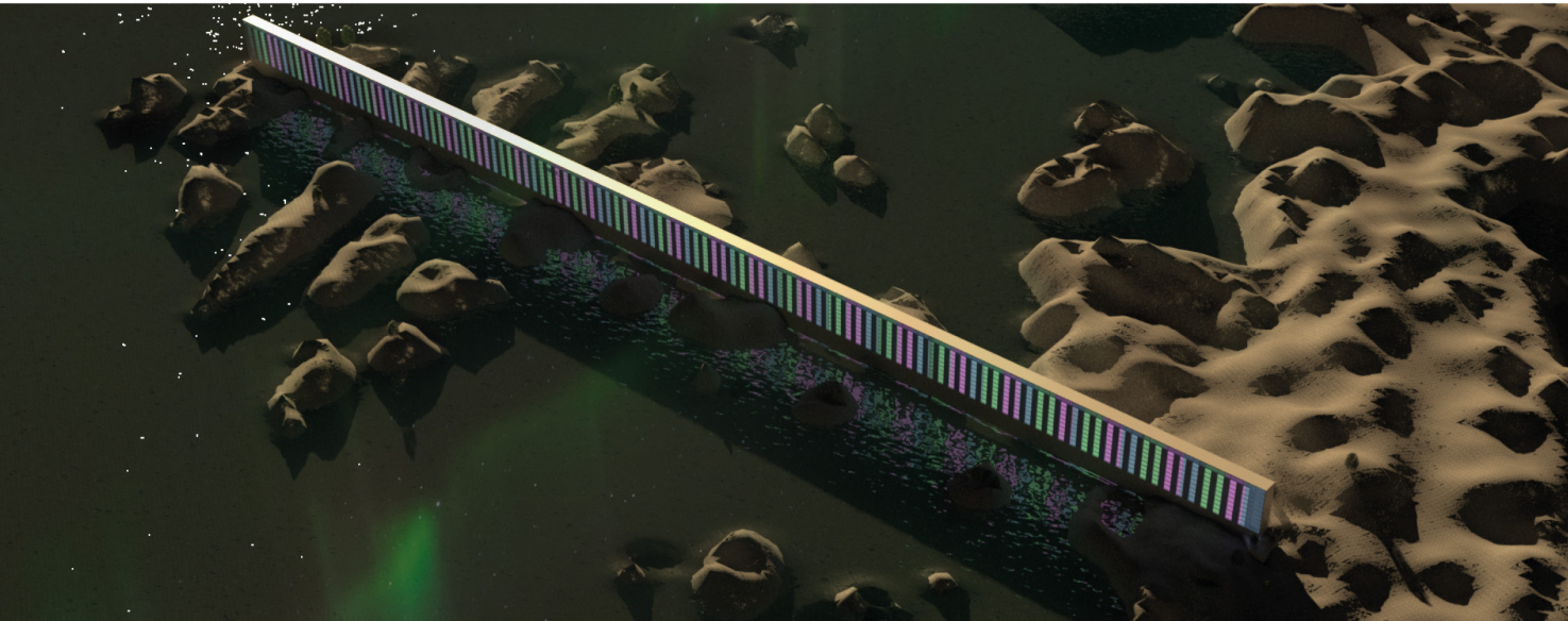 Esports Megastructure: A 1km-long futuristic gaming arena illuminated under the Arctic sky.