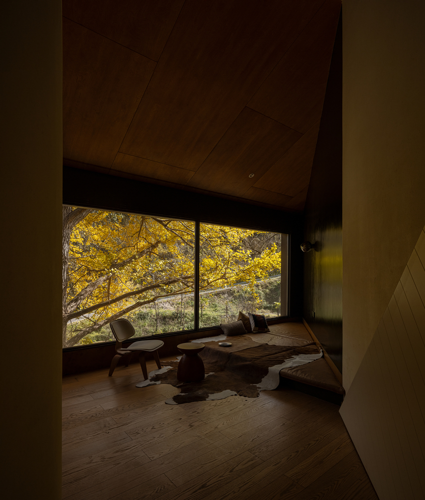 Living room with faceted wood ceiling and large window framing yellow autumn trees