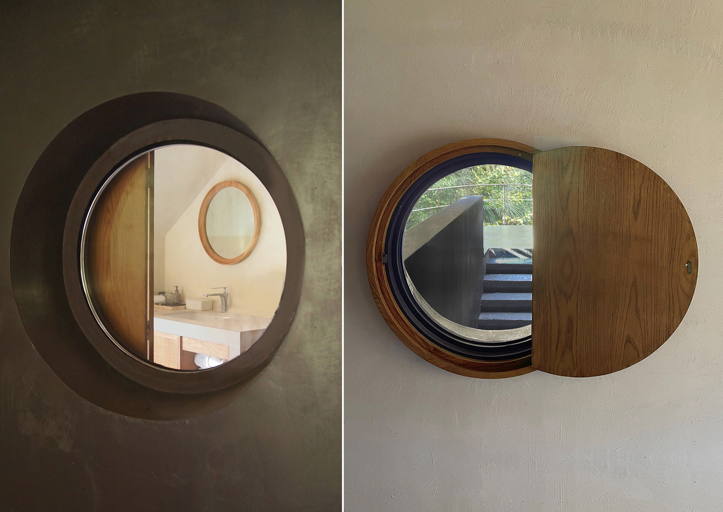 Two circular windows with timber shutters framing interior views of bathroom sink and staircase