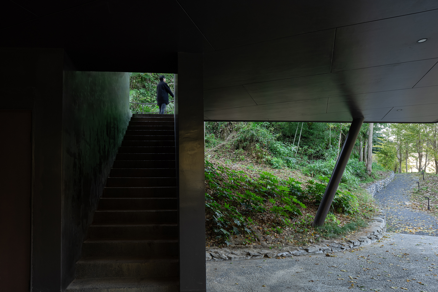 Interior staircase ascending to a silhouetted figure with an opening framing the wooded hillside