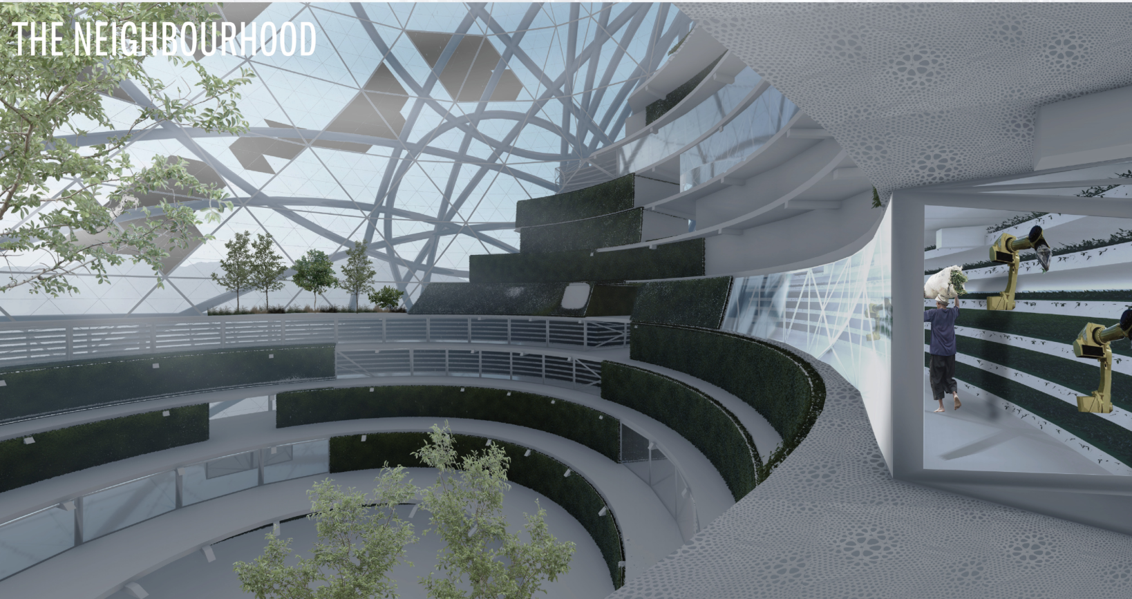 Interior rendering of a spiraling atrium with planted terraces and white diagonal structural framework overhead