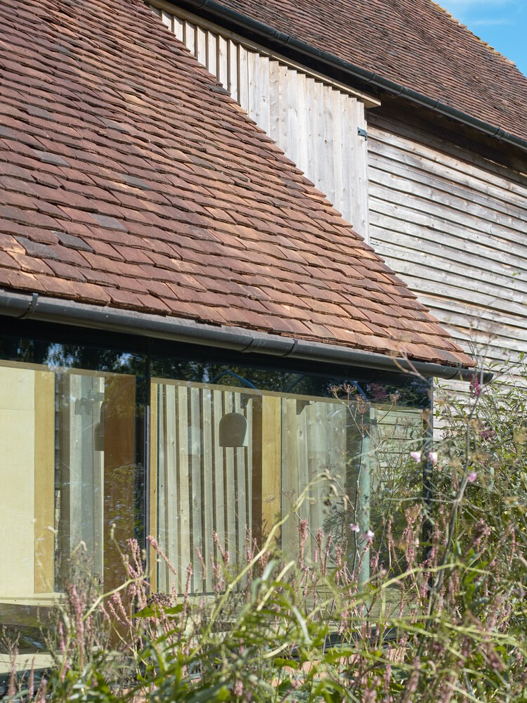 Clay tile roof meeting weathered timber cladding above corner glazing and wildflower planting in daylight