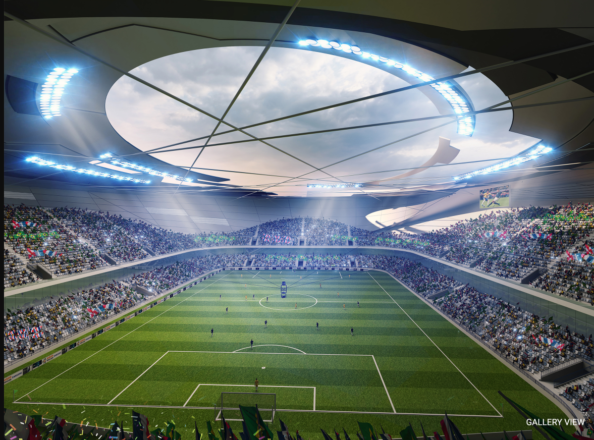 Interior view from the upper tier showing the tensile fabric roof structure suspended above the pitch