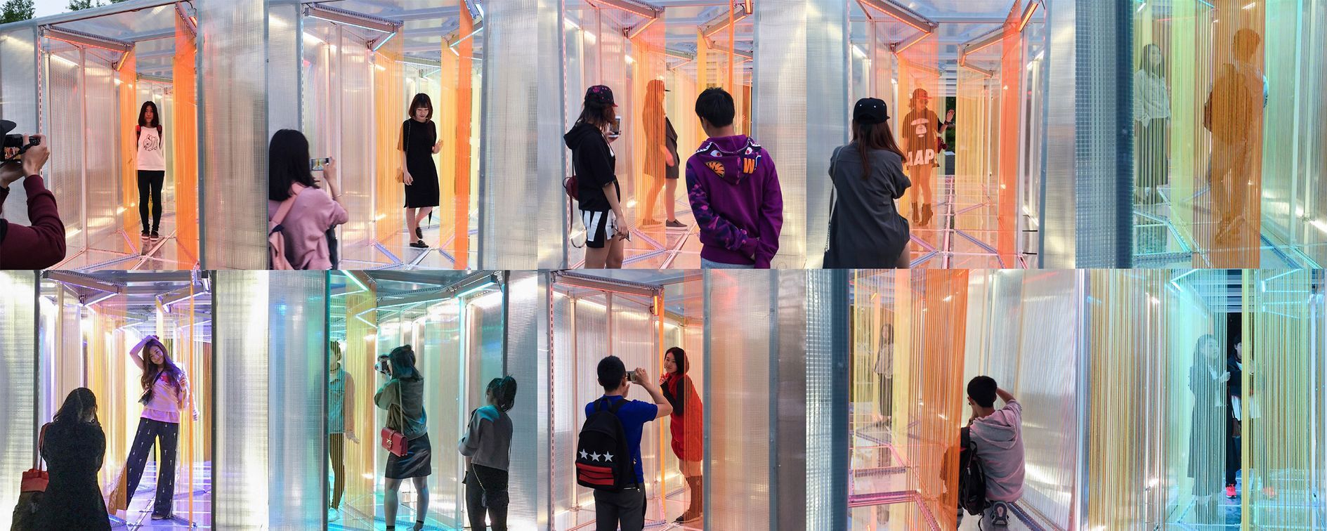 Visitors engage with the vibrant, colorful space, capturing moments within its unique, illuminated corridors.
