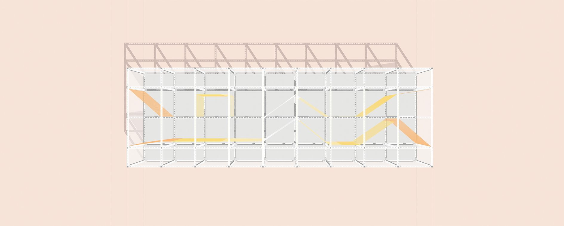 A minimalist architectural design showcasing dynamic light paths through geometric forms, highlighting structure and motion.