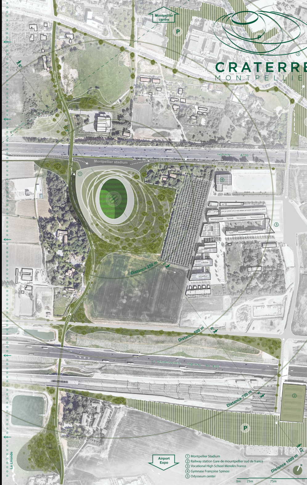 Masterplan – Aerial site layout showcasing the sustainable stadium within its urban ecosystem.