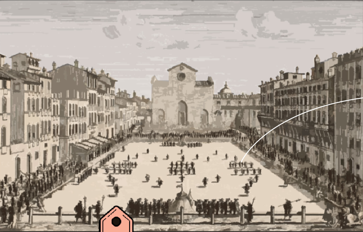 Historical engraving showing a public square surrounded by buildings with crowds gathered in formation