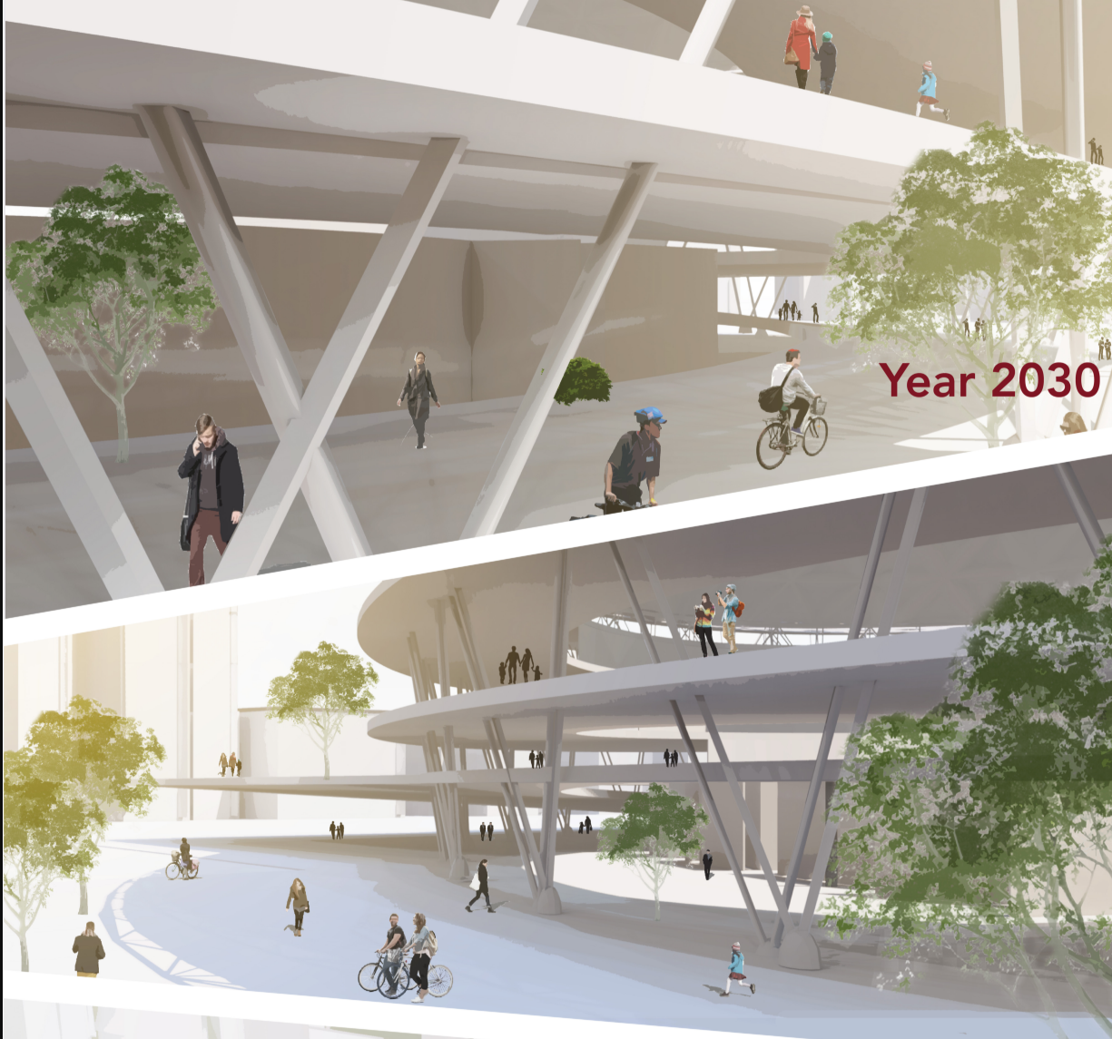 Rendering of a multi-level interior atrium with diagonal white structural bracing, pedestrians, cyclists, and scattered trees