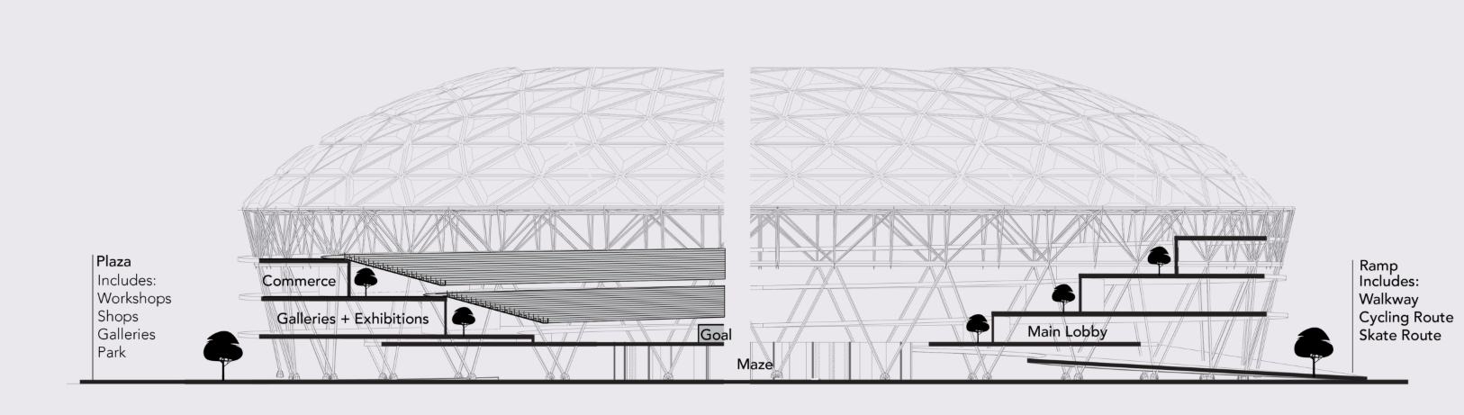 Section drawing of a domed stadium structure with lattice framework and multiple interior program levels