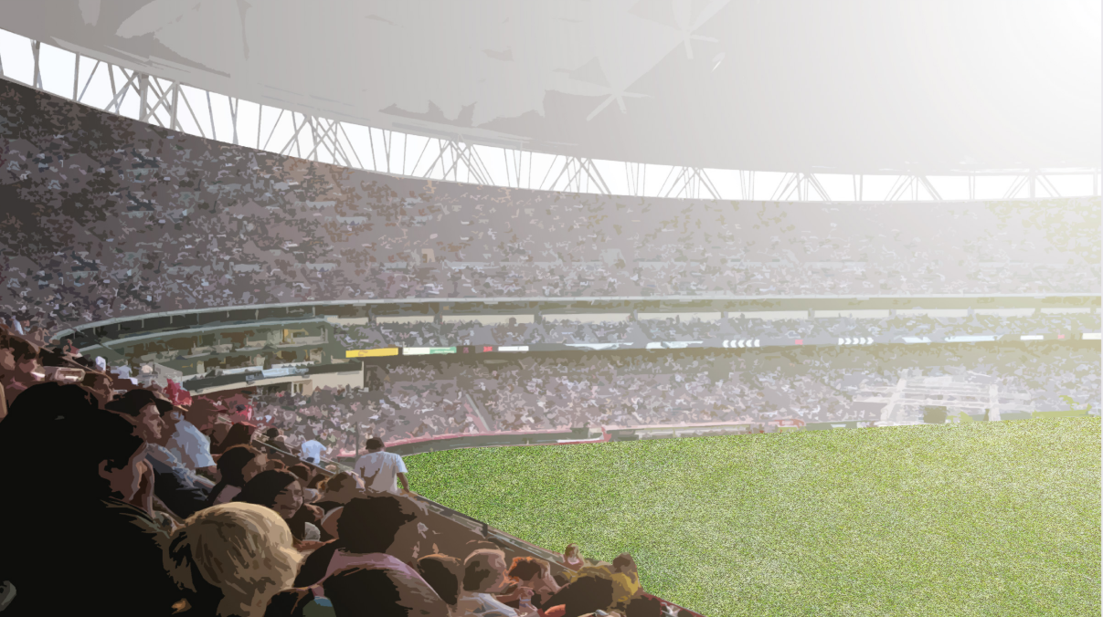 Stadium interior view from the stands showing the field, tiered seating, and triangulated roof structure in daylight