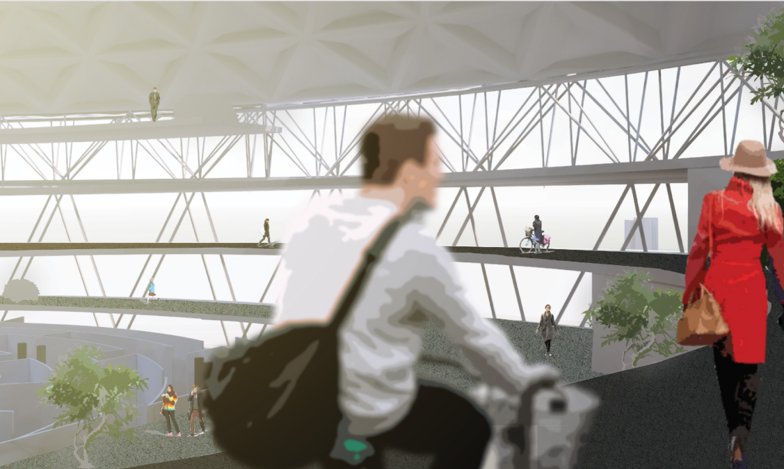 Interior rendering showing layered walkways with diagonal structural bracing and figures moving through the space