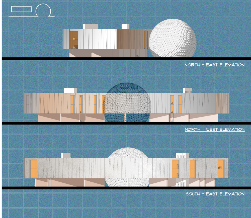 Elevations: North-East, North-West, and South-East views highlighting the futuristic facade and spatial relationships.