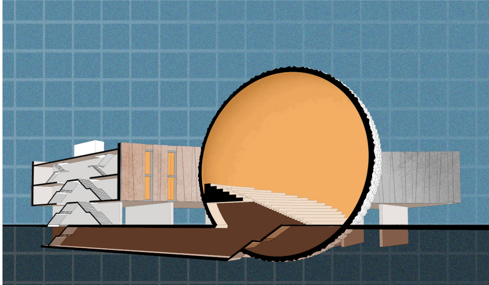 Perspective Section: A cut-through view showcasing the innovative integration of the sphere and cuboid structure.