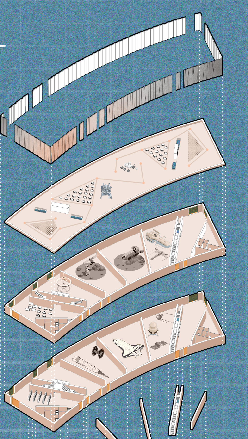 Exploded Axonometric Plan: Layered visualization of different functional spaces, from exhibition areas to the planetarium.