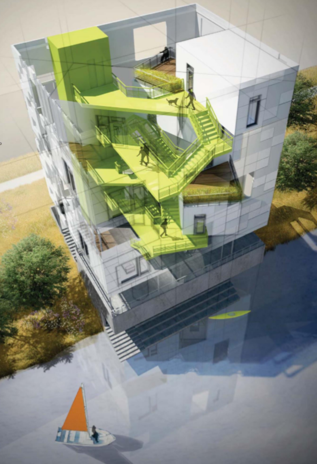 Axonometric rendering showing the zigzag green stair linking grey-clad housing units beside a canal