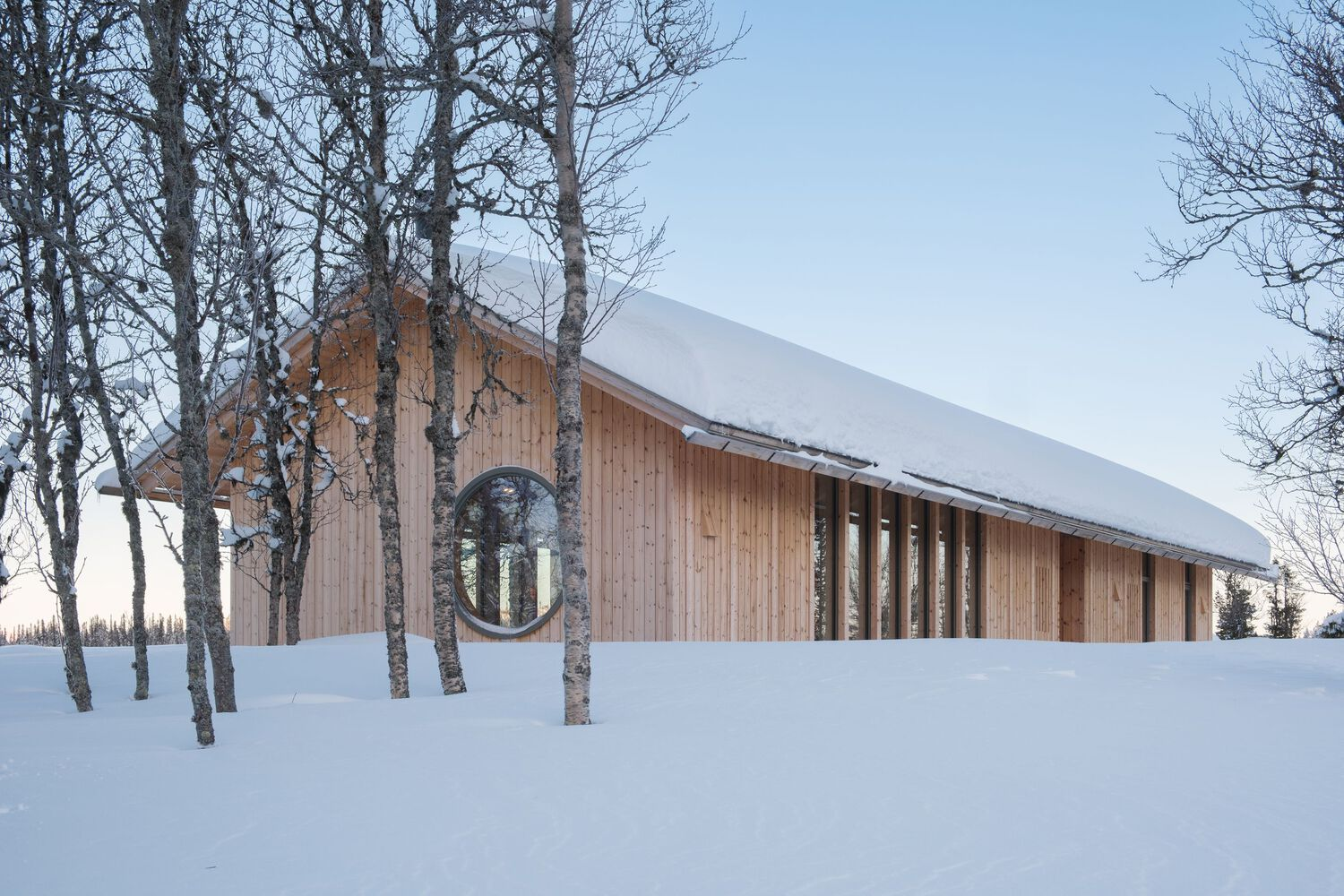 Vertical timber facade with round window and slatted cladding set among birch trees in heavy snow