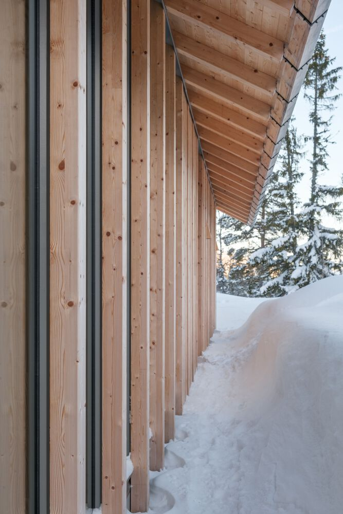 Slatted timber soffit extending from glazed facade over deep snowdrift with evergreen trees beyond