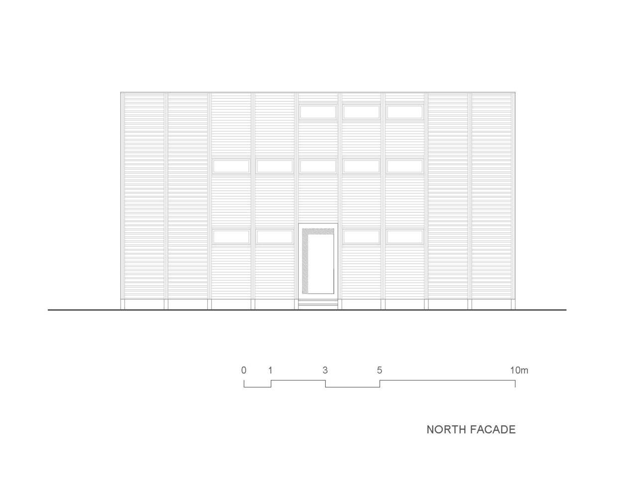 Elevation drawing of the north facade showing horizontal timber cladding with glazed openings and central entry