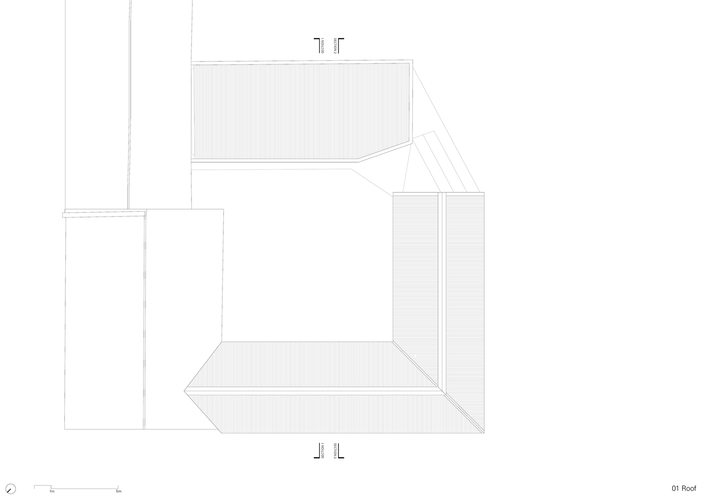 Roof plan drawing showing three interconnected volumes with canted corners and roof hatching patterns