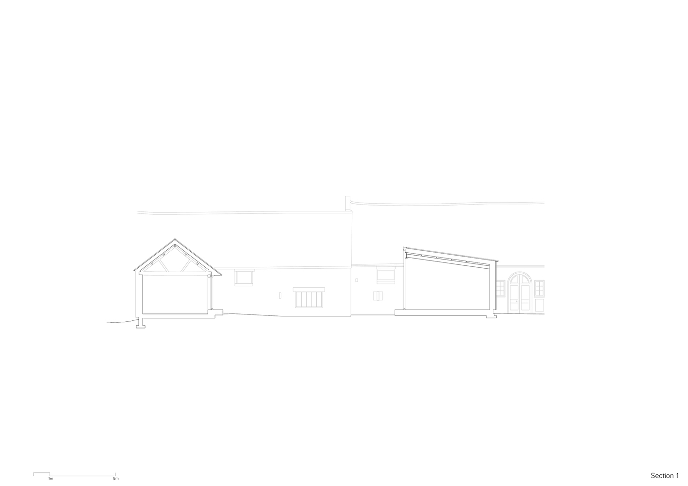 Section drawing revealing a pitched roof volume, flat-roofed connector, and arched doorway element