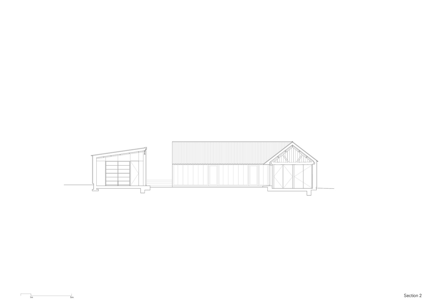 Section drawing showing a low shed-roofed volume adjacent to a gabled structure with exposed trusses