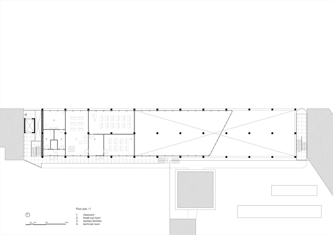 Floor plan drawing showing an elongated rectangular volume with diagonal roof structure and service cores
