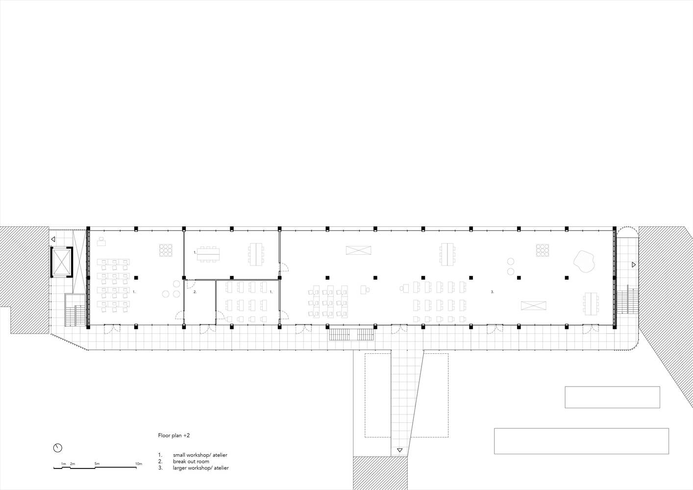 Floor plan drawing showing the same rectangular volume with interior program layout and circulation
