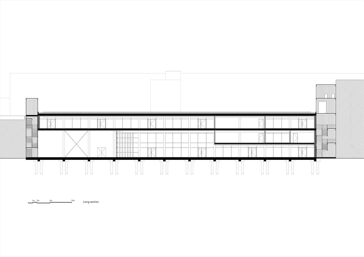 Long section drawing showing the two-level structure with exposed diagonal bracing and column grid