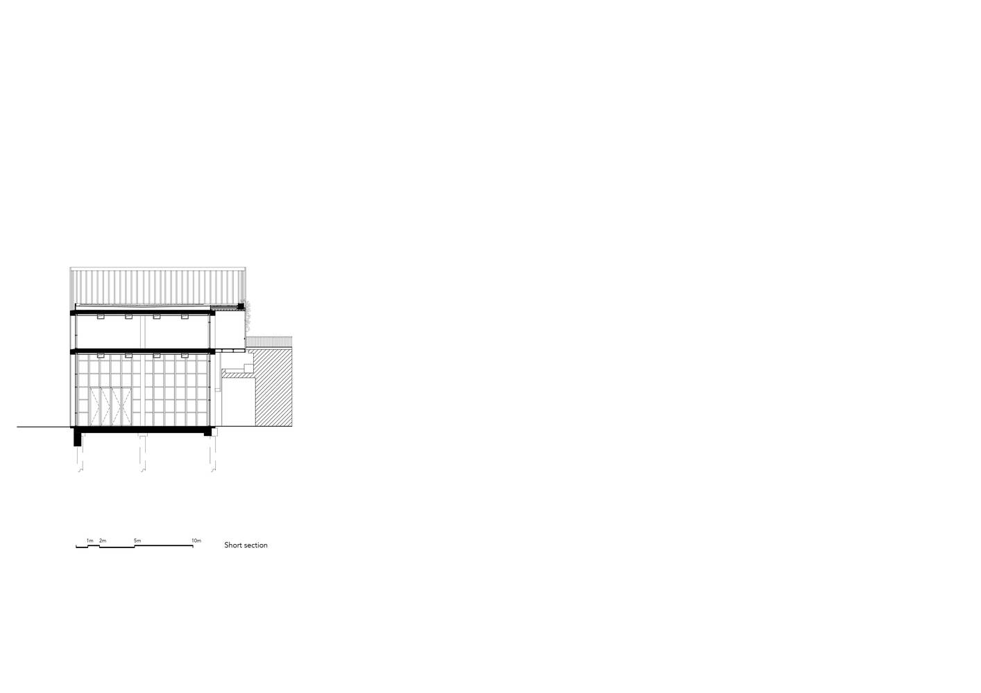 Short section drawing showing the two-story volume with slatted roof and adjacent paved area