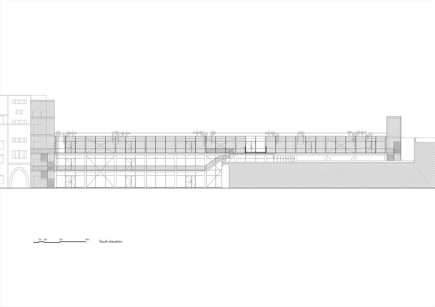 South elevation drawing showing the horizontal building flanked by two vertical tower elements