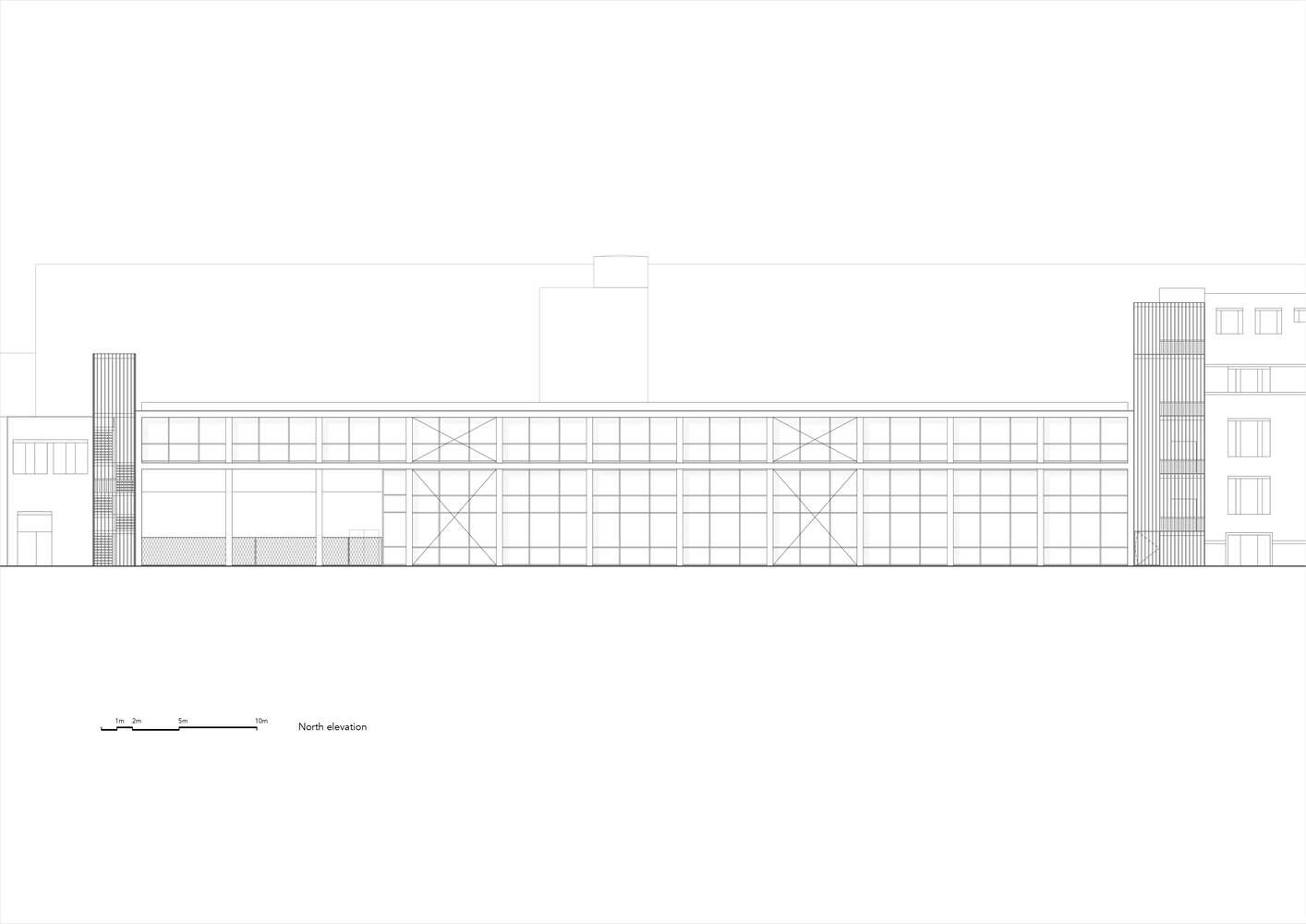 North elevation drawing showing the glazed facade with diagonal bracing and end towers