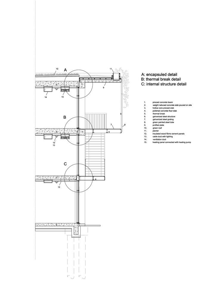 Section drawing showing floor and wall assembly with detailed callouts for encapsulation, thermal break, and internal structure
