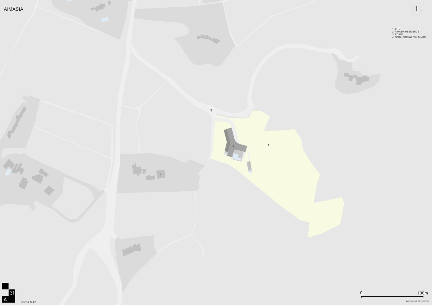 Site plan drawing indicating the building footprint within a highlighted parcel boundary