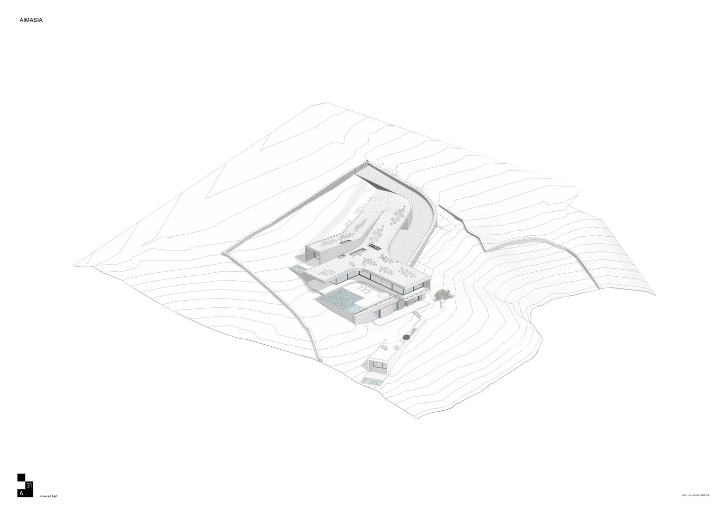 Axonometric drawing showing a walled compound with pool and buildings set into sloping terrain with contour lines