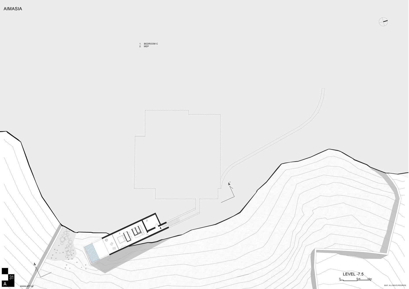 Level plan drawing showing a linear building form set against steep hillside contours with a separate structure below