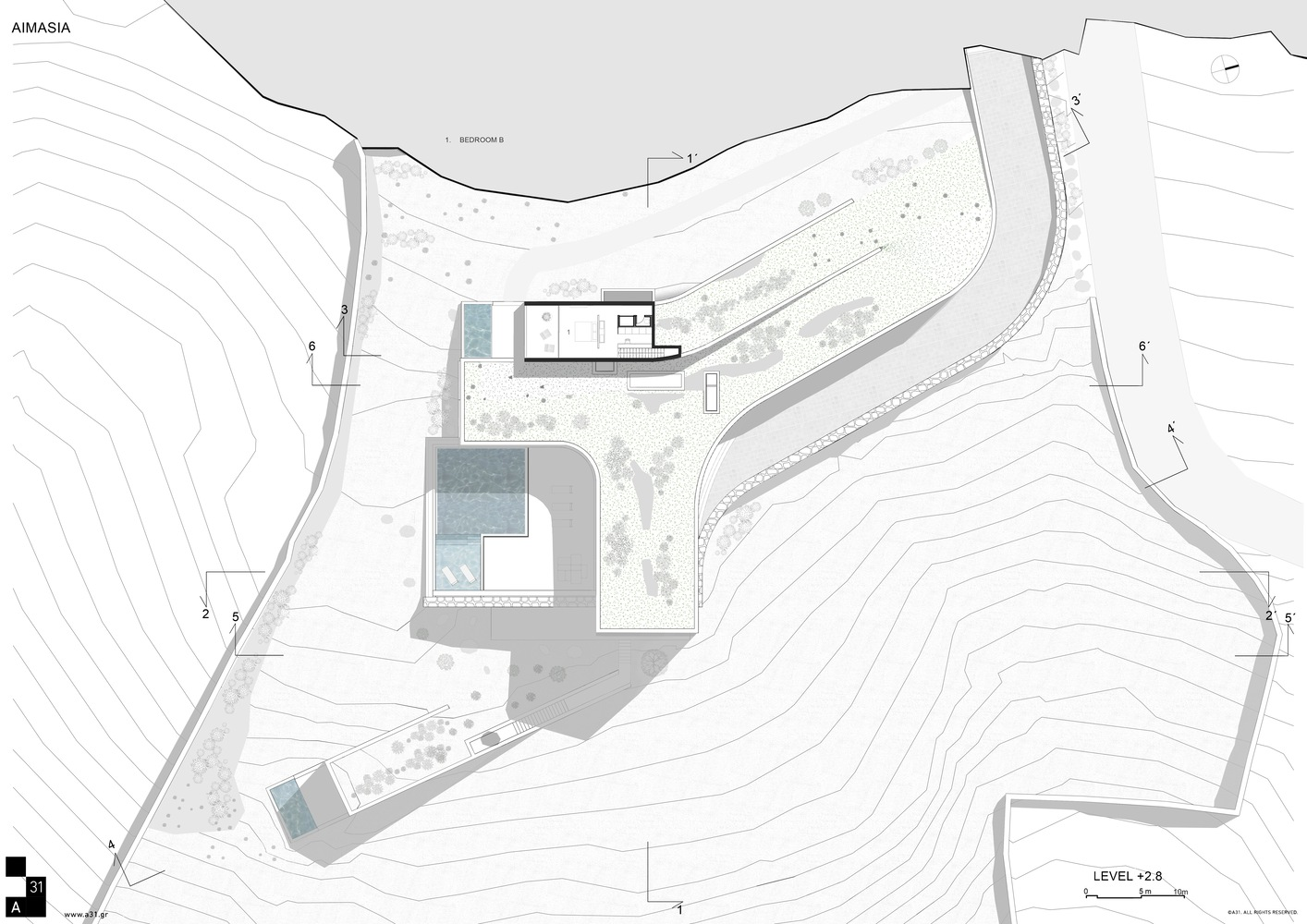 Level plan drawing showing bedroom wing positioned above pool terrace with landscaped areas following site contours