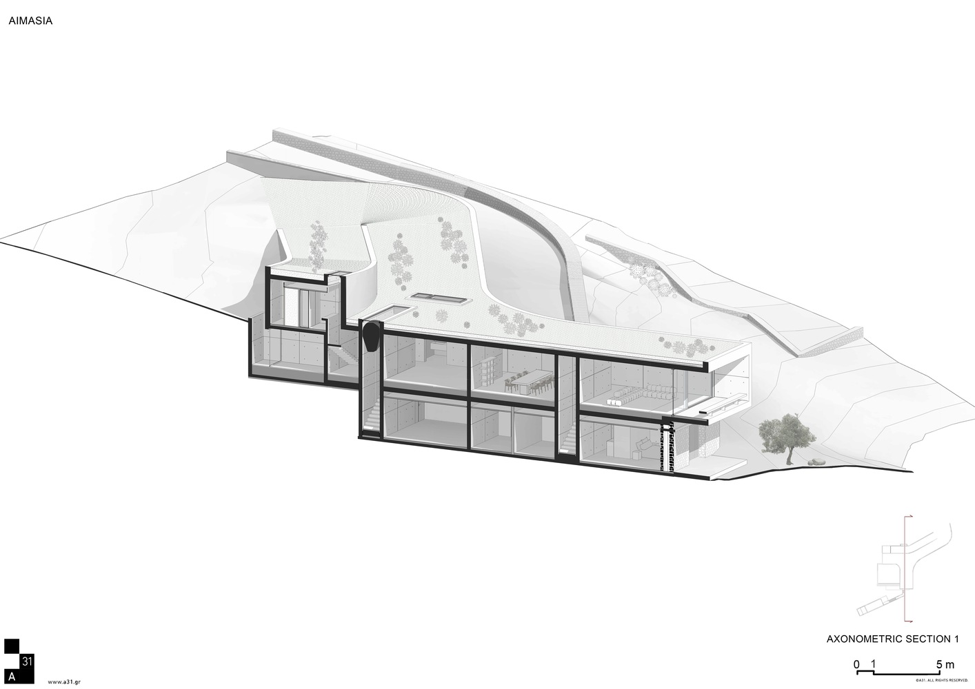 Axonometric section drawing showing split-level volumes embedded into a sloping hillside with planted roof terraces