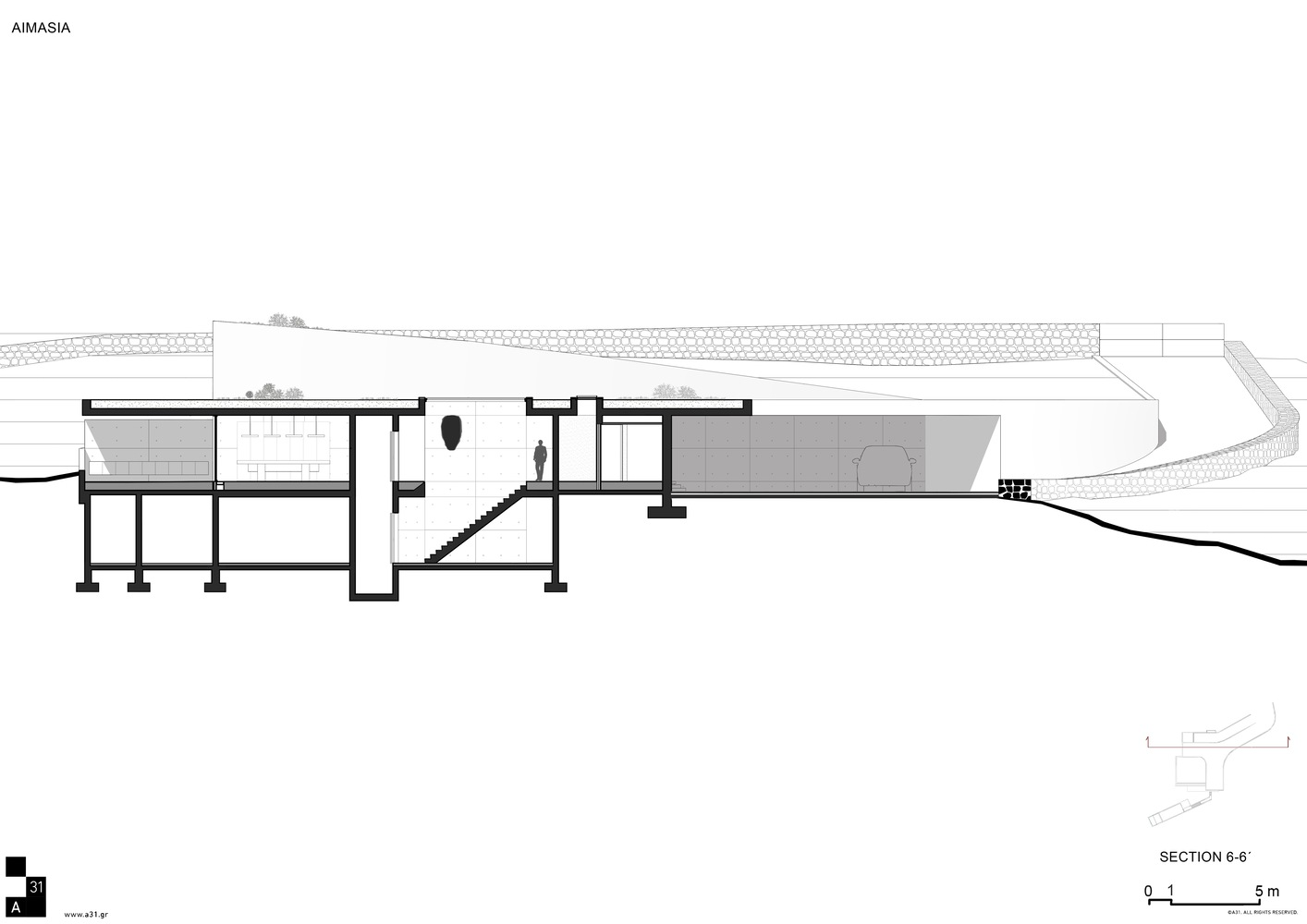 Section drawing displaying interior spaces under a flat roof with stairs and figures within the hillside structure