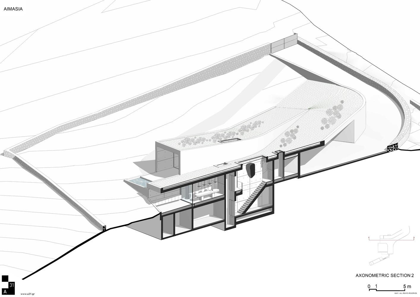 Axonometric section drawing showing a hillside structure with curved roof and glass-walled interior volumes