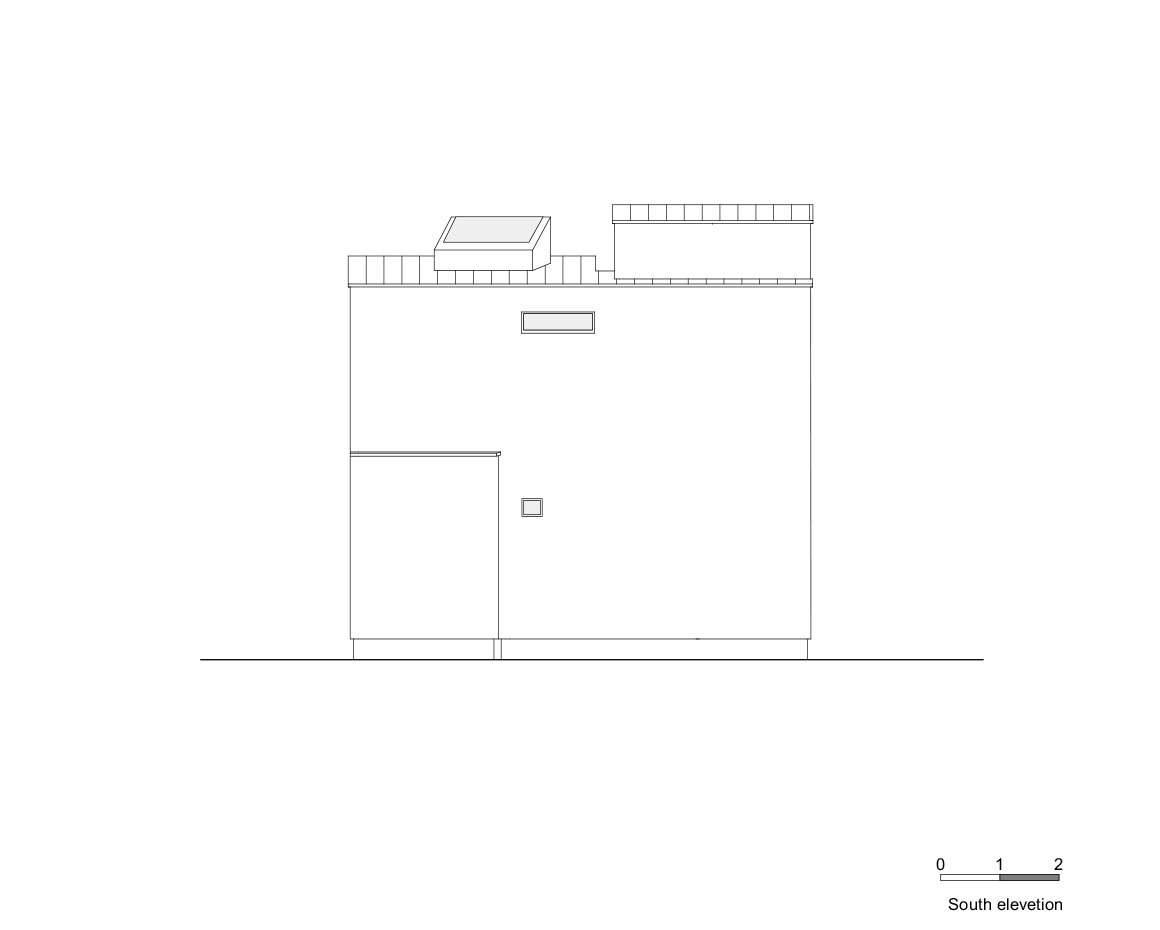 South elevation drawing featuring rooftop volumes with slatted screens and a minimal ground level opening