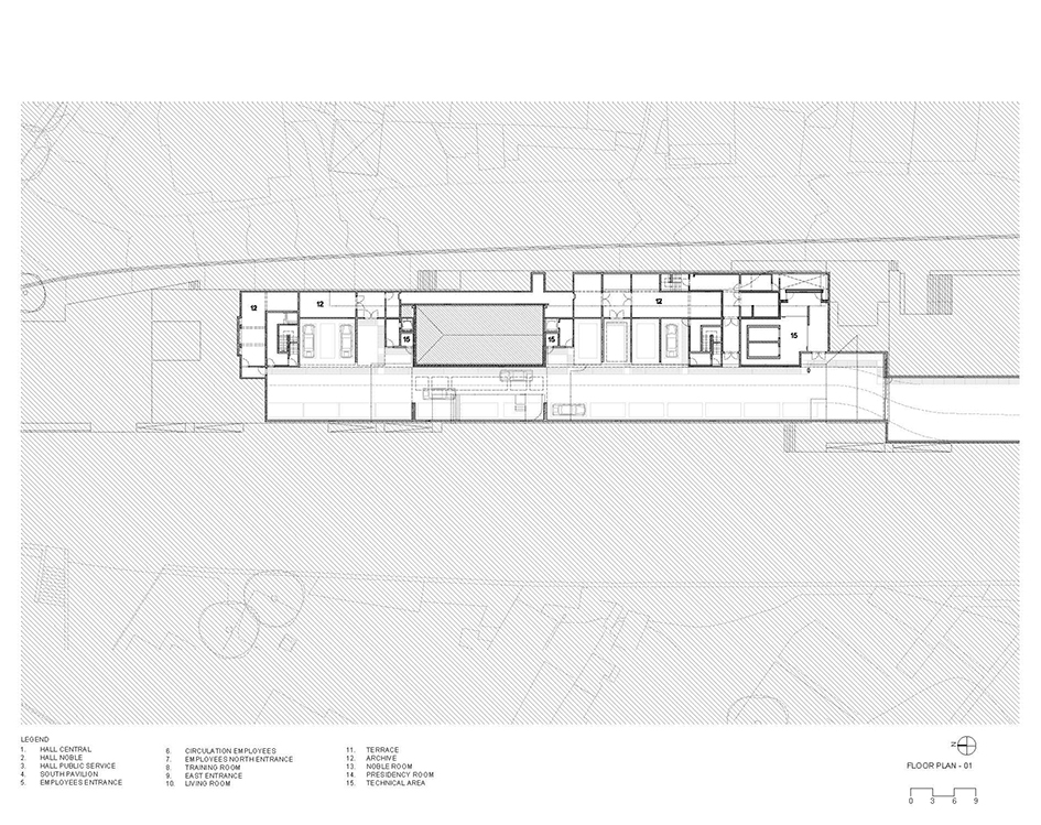 Floor plan drawing depicting a linear arrangement of rooms with central circulation and stair cores