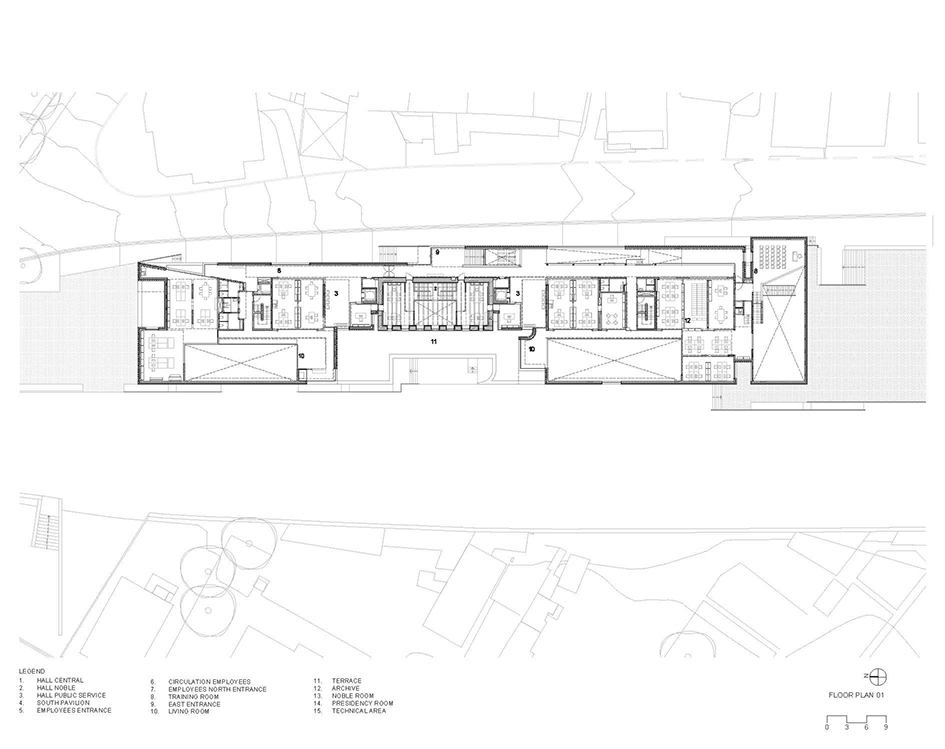 Floor plan drawing revealing the upper level layout with office spaces and outdoor terraces