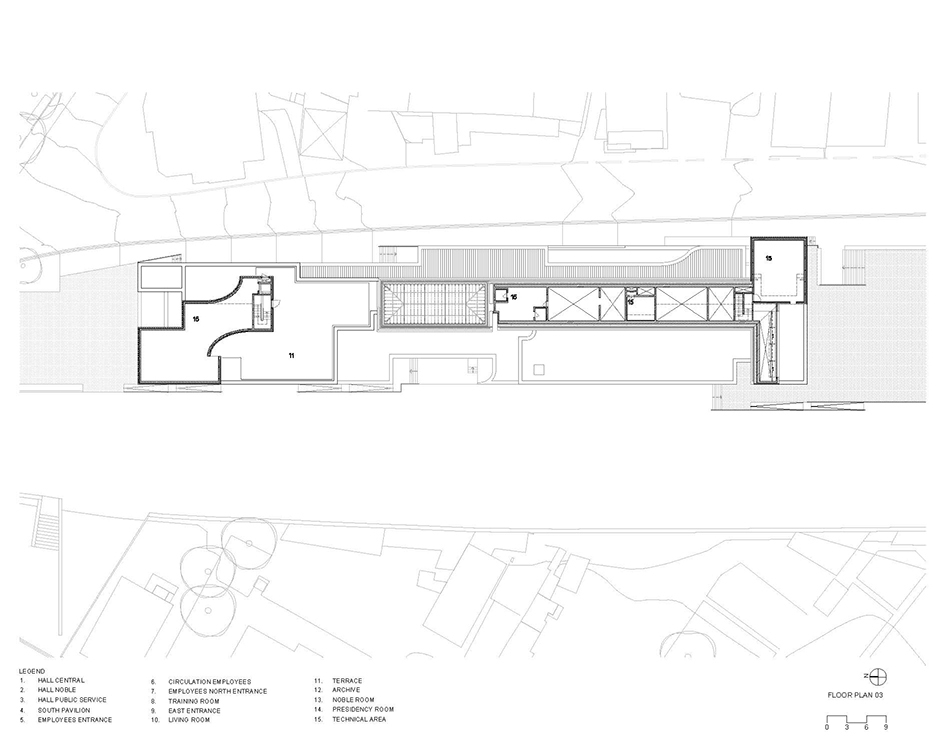 Floor plan drawing depicting a long narrow building with end volumes and a central open space